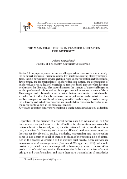 (PDF) The main challenges in teacher education for diversity
