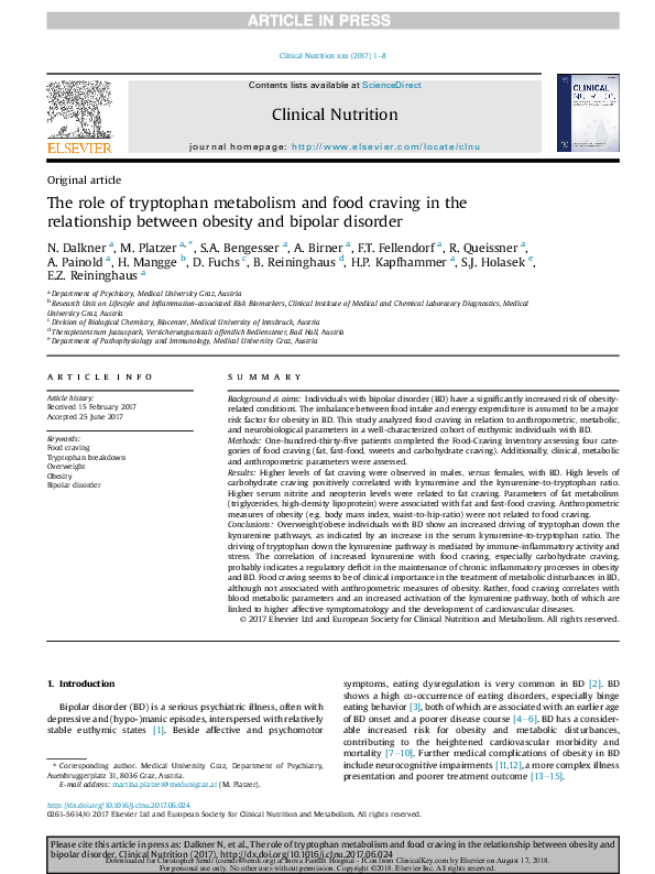 (PDF) The role of tryptophan metabolism and food craving in the ...