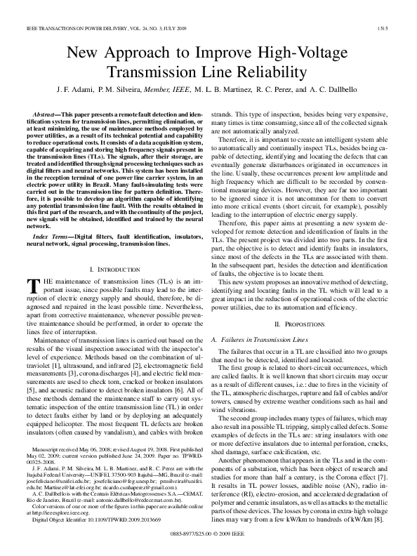 (PDF) New Approach to Improve High-Voltage Transmission Line Reliability