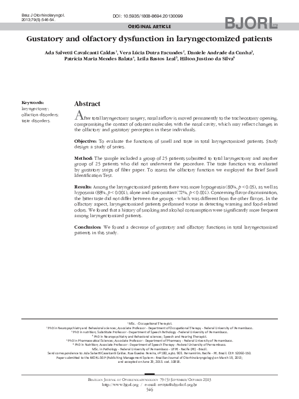 (PDF) Gustatory and olfactory dysfunction in laryngectomized patients