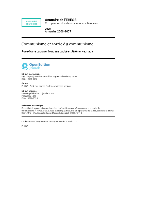(PDF) Communisme et sortie du communisme