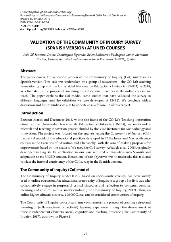 (PDF) Validation of the Community of Inquiry Survey (Spanish Version ...