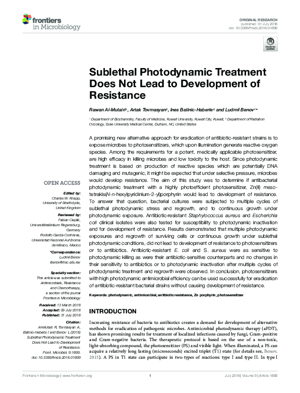 Sublethal Photodynamic Treatment Does Not Lead to Development of Resistance