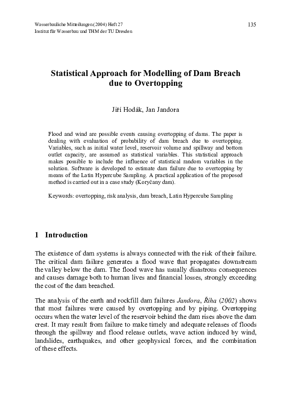 (PDF) Statistical Approach for Modelling of Dam Breach due to Overtopping