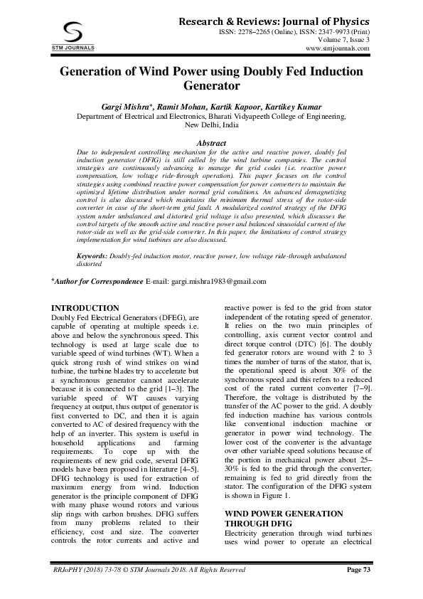 (PDF) Generation of Wind Power using Doubly Fed Induction Generator
