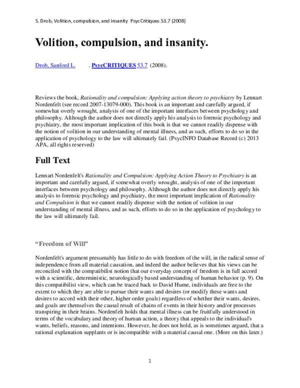 (PDF) Volition, compulsion, and insanity