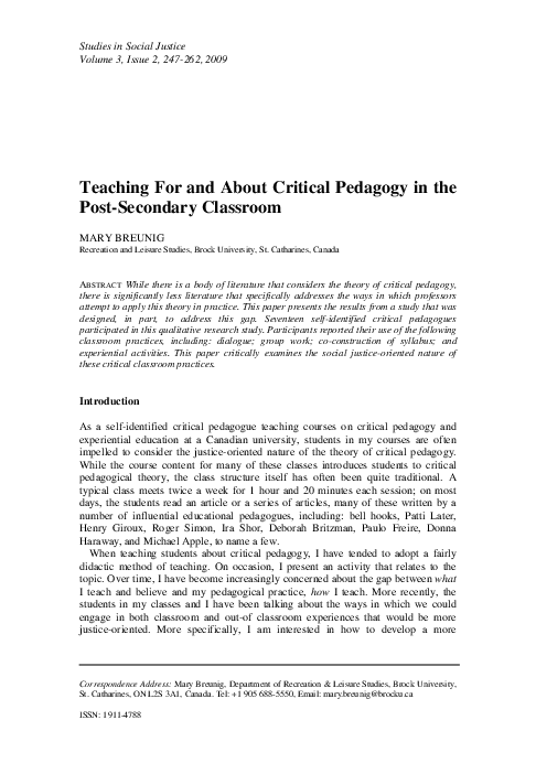 (PDF) Teaching For and About Critical Pedagogy in the Post-Secondary ...