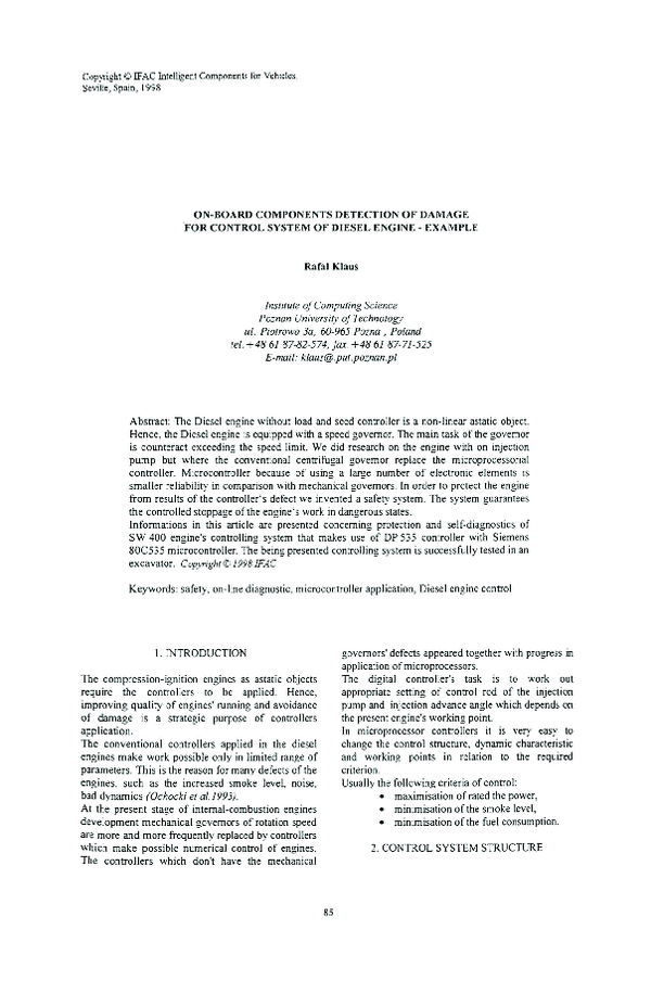 On-Board Components Detection of Damage for Control System of Diesel Engine - Example