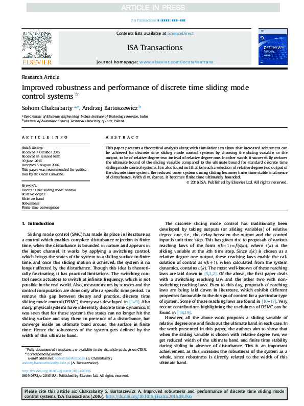 (PDF) Improved robustness and performance of discrete time sliding mode ...