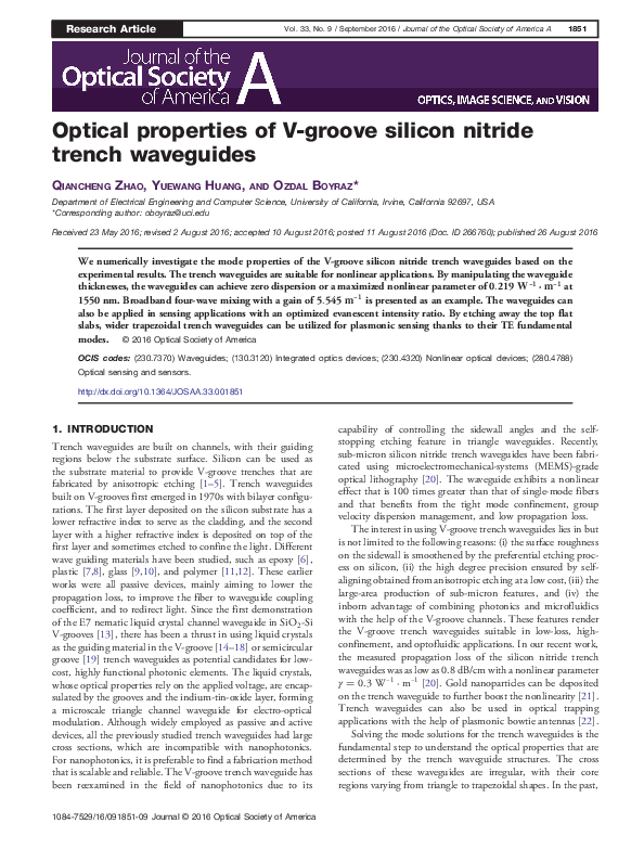 (PDF) Optical properties of V-groove silicon nitride trench waveguides