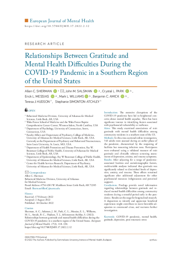 (PDF) Relationships Between Gratitude and Mental Health Difficulties ...