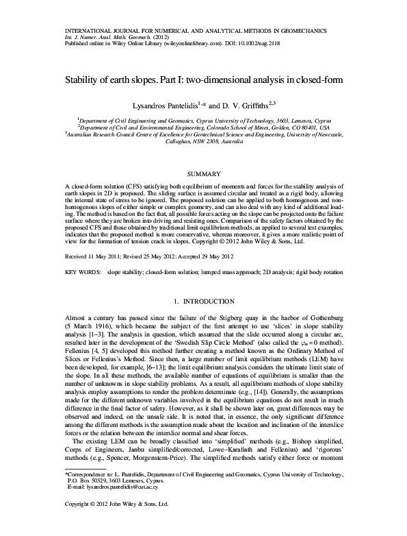 (PDF) Stability of earth slopes. Part I: two-dimensional analysis in ...