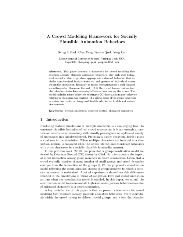 (PDF) A Crowd Modeling Framework for Socially Plausible Animation Behaviors