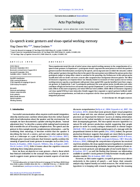(PDF) Co-speech iconic gestures and visuo-spatial working memory