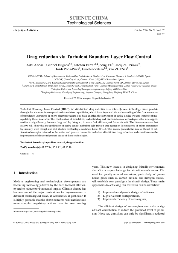 (PDF) Drag reduction via turbulent boundary layer flow control