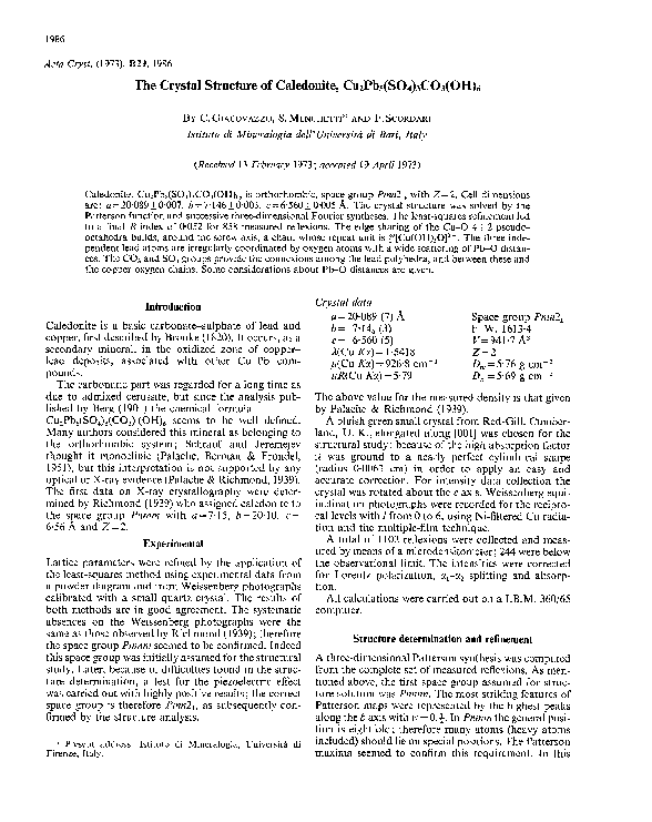 (PDF) The crystal structure of caledonite, Cu2Pb5(SO4)3CO3(OH)6