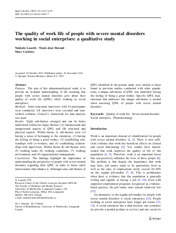 (PDF) The quality of work life of people with severe mental disorders ...