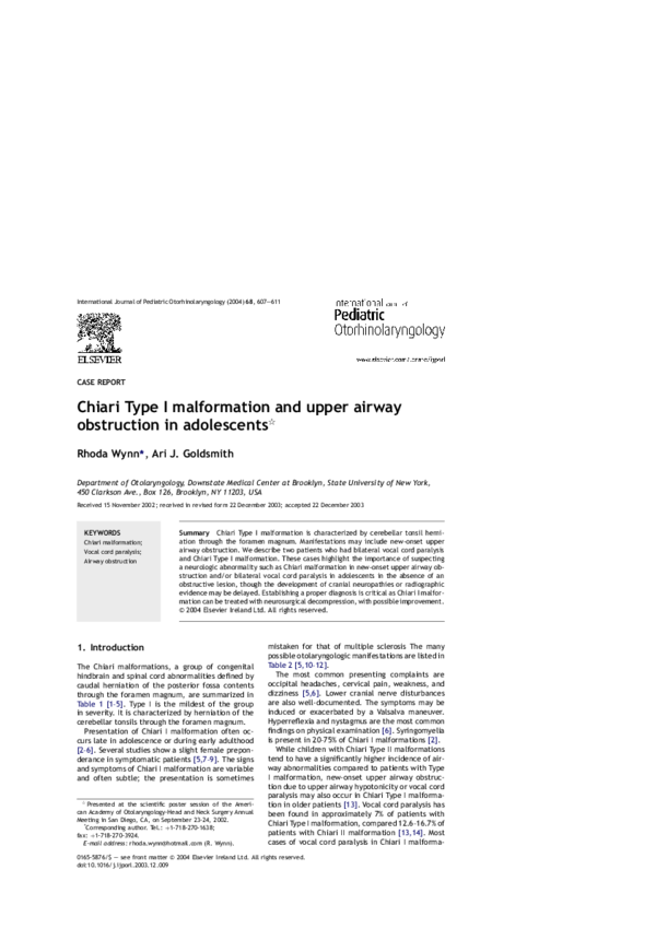 (PDF) Chiari Type I malformation and upper airway obstruction in ...