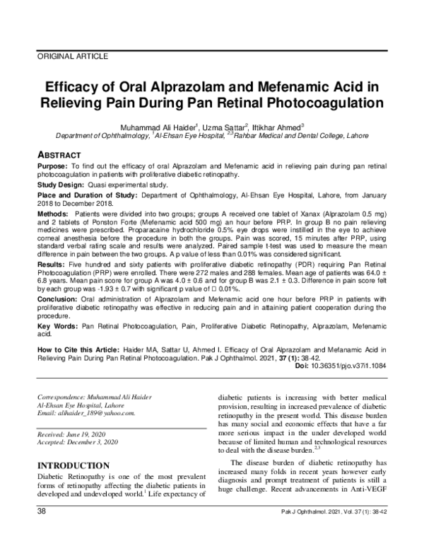 (PDF) Efficacy of Oral Alprazolam and Mefenamic Acid in Relieving Pain ...
