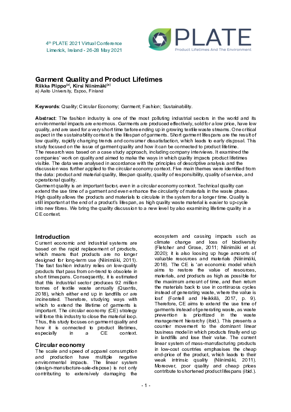 (PDF) Garment Quality and Product Lifetimes