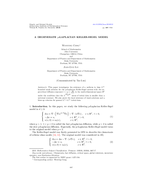 (PDF) A degenerate $p$-Laplacian Keller-Segel model