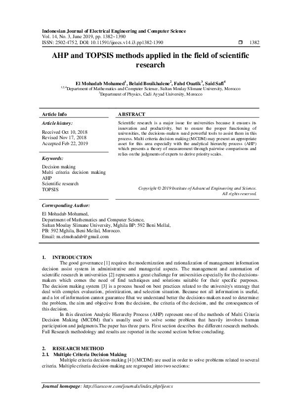 (PDF) AHP and TOPSIS applied in the field of scientific research