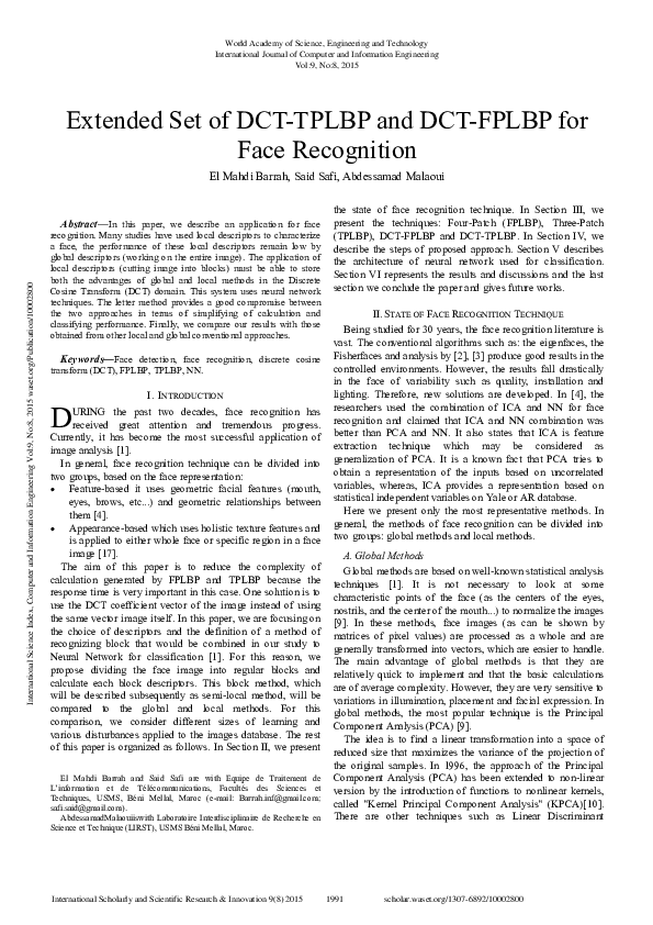 (PDF) Extended Set Of Dct-Tplbp And Dct-Fplbp For Face Recognition