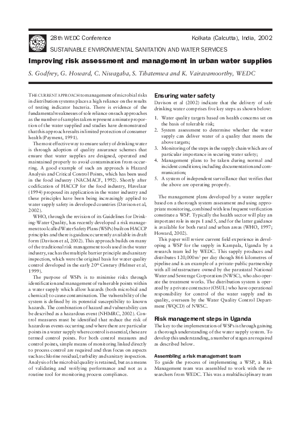 (PDF) Improving risk assessment and management in urban water supplies
