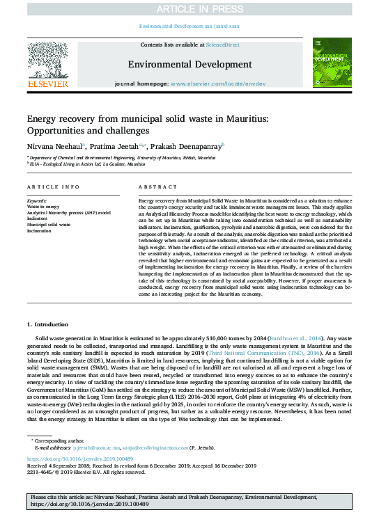 (PDF) Energy recovery from municipal solid waste in Mauritius ...