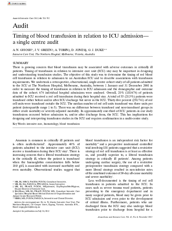 (PDF) Timing of Blood Transfusion in Relation to ICU Admission— A ...