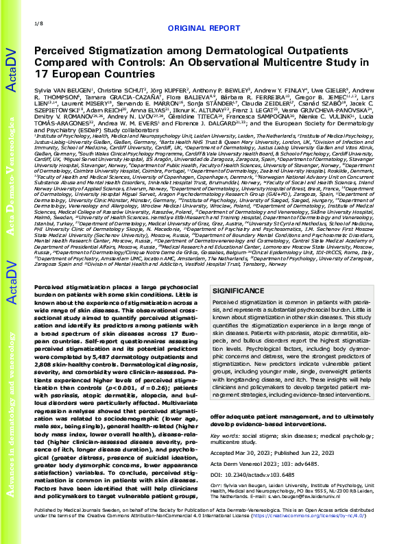 (PDF) Perceived Stigmatization among Dermatological Outpatients ...