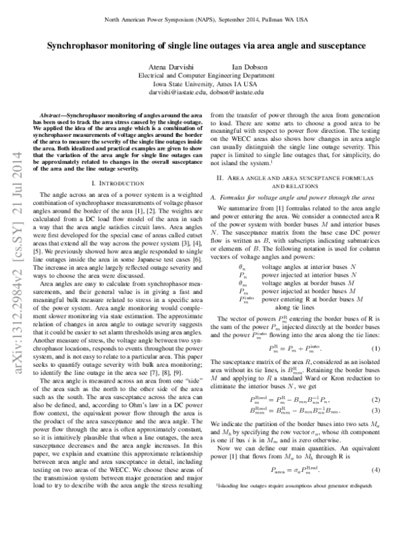 (PDF) Synchrophasor monitoring of single line outages via area angle ...