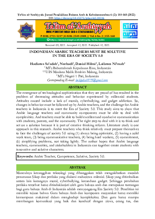(PDF) Indonesian Arabic Teachers Must Be Solutive In The Era Of Society 5.0