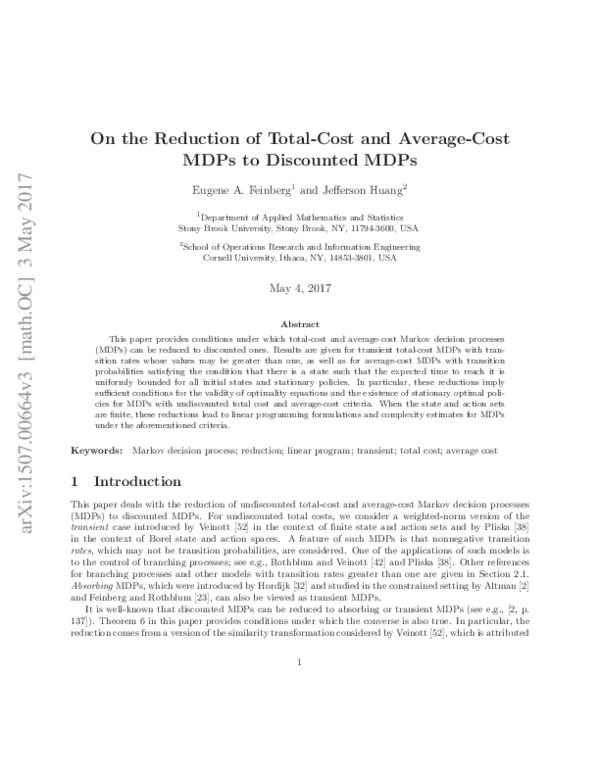 (PDF) On the reduction of total‐cost and average‐cost MDPs to ...