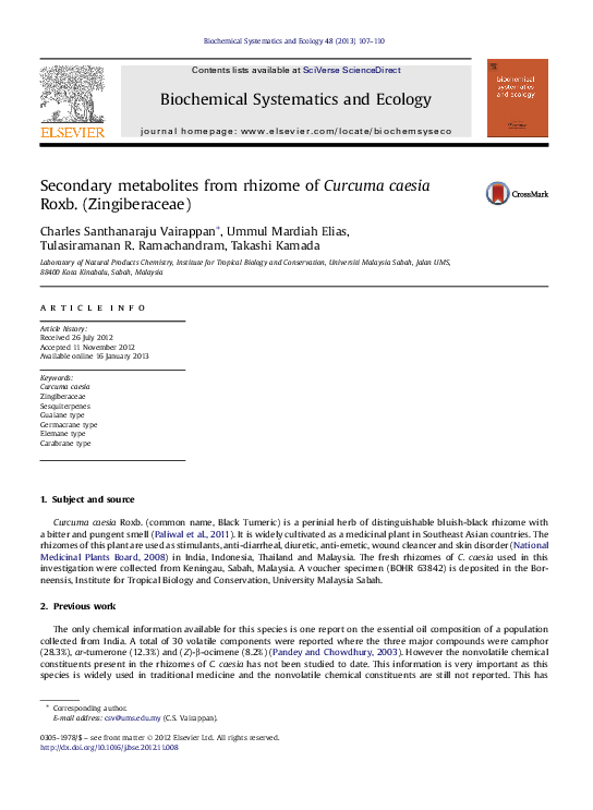 (PDF) Secondary metabolites from rhizome of Curcuma caesia Roxb ...