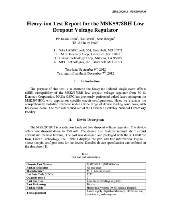 (PDF) Heavy-ion Test Report for the MSK5978RH Low Dropout Voltage Regulator