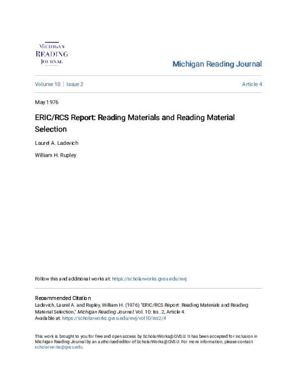(PDF) ERIC/RCS Report: Reading Materials and Reading Material Selection