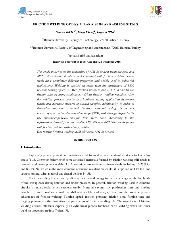 (PDF) Friction Welding of Dissimilar Aisi 304 and Aisi 8640 Steels