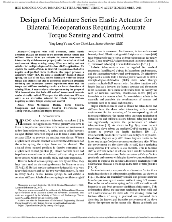 (PDF) Design of a Miniature Series Elastic Actuator for Bilateral ...