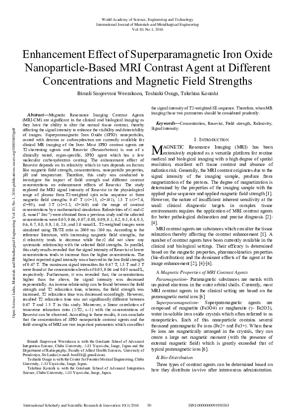(PDF) Enhancement Effect of Superparamagnetic Iron Oxide Nanoparticle ...