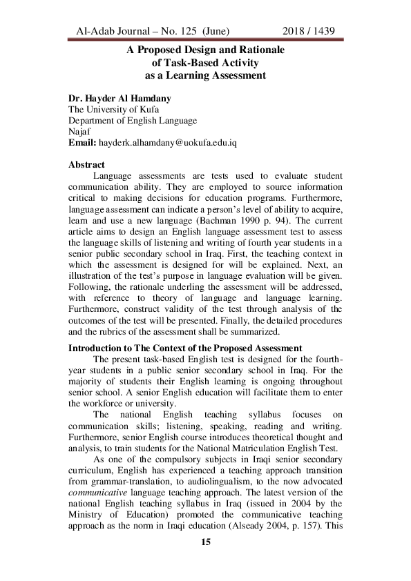 (PDF) A Proposed Design and Rationale of Task-Based Activity as a ...