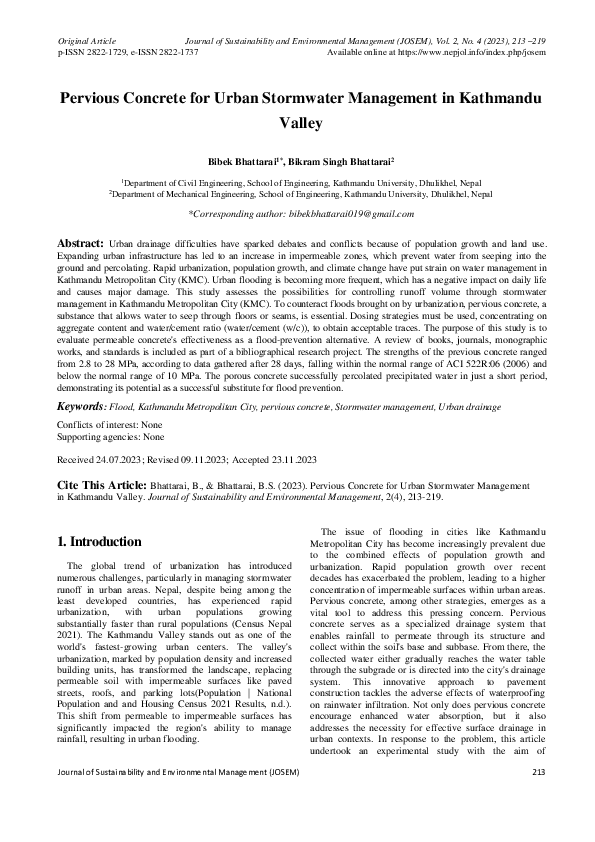 (PDF) Pervious Concrete for Urban Stormwater Management in Kathmandu Valley