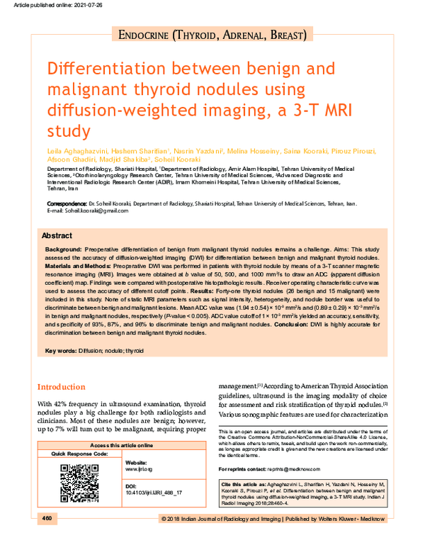 (PDF) Differentiation between benign and malignant thyroid nodules ...