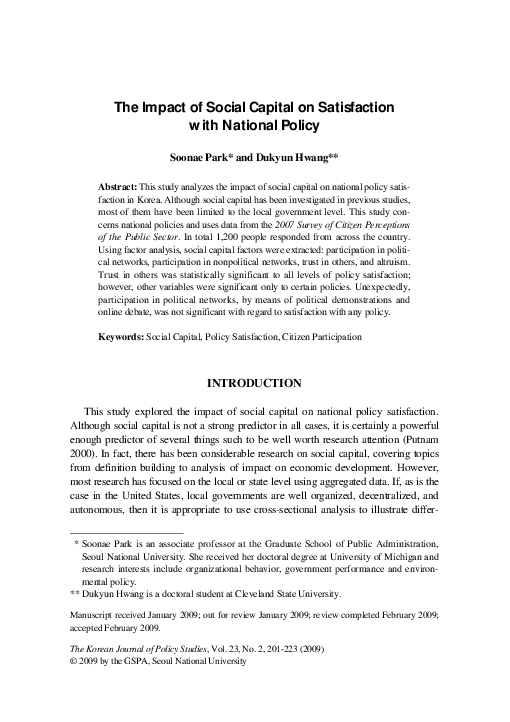 (PDF) The Impact of Social Capital on Satisfaction with National Policy