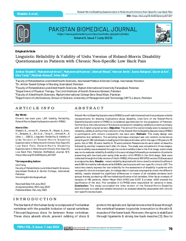 (PDF) Linguistic Reliability & Validity of Urdu Version of Roland ...