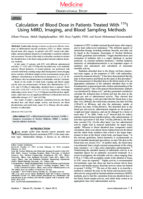 (PDF) Calculation of Blood Dose in Patients Treated With 131I Using ...