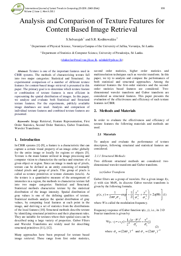(PDF) Analysis and Comparison of Texture Features for Content Based ...