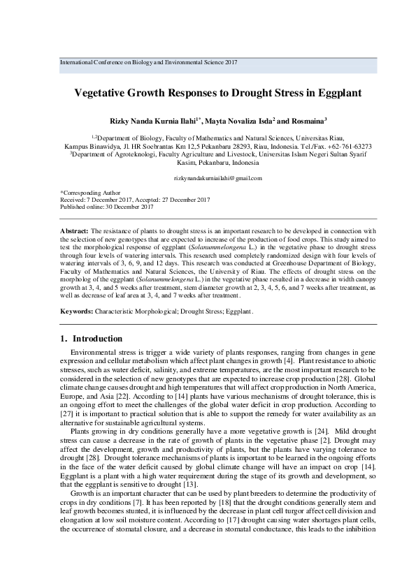 Vegetative Growth Responses to Drought Stress in Eggplant