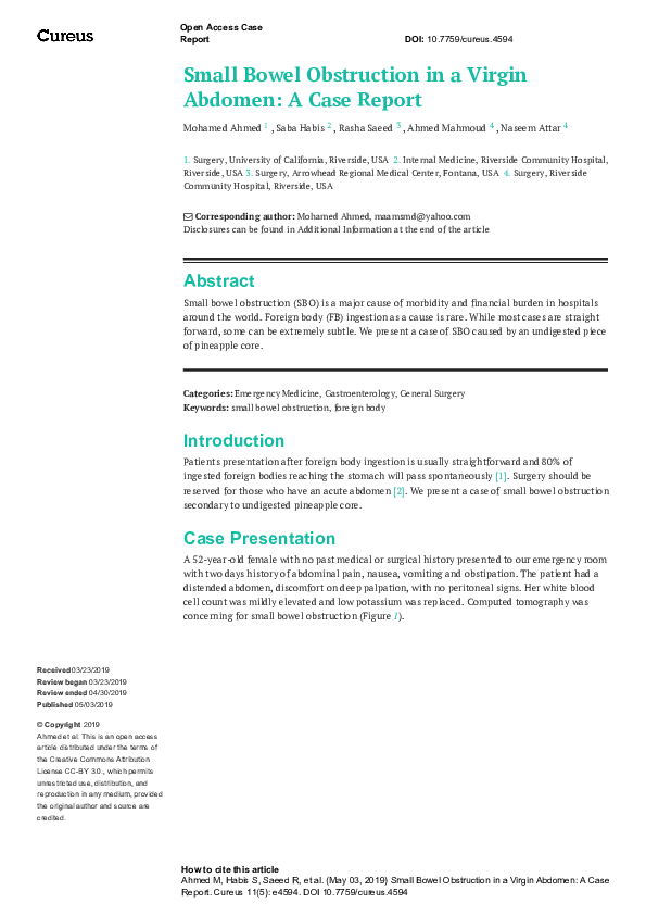(PDF) Small Bowel Obstruction in a Virgin Abdomen: A Case Report