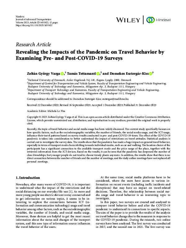 (PDF) Revealing the Impacts of the Pandemic on Travel Behavior by ...